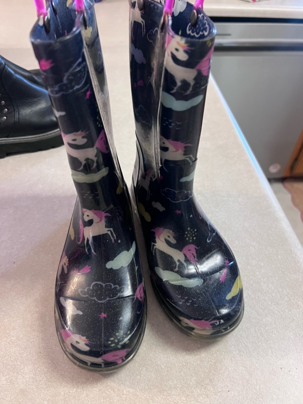 Girls Unicorn Rain Boots in Navy with Pink Accents